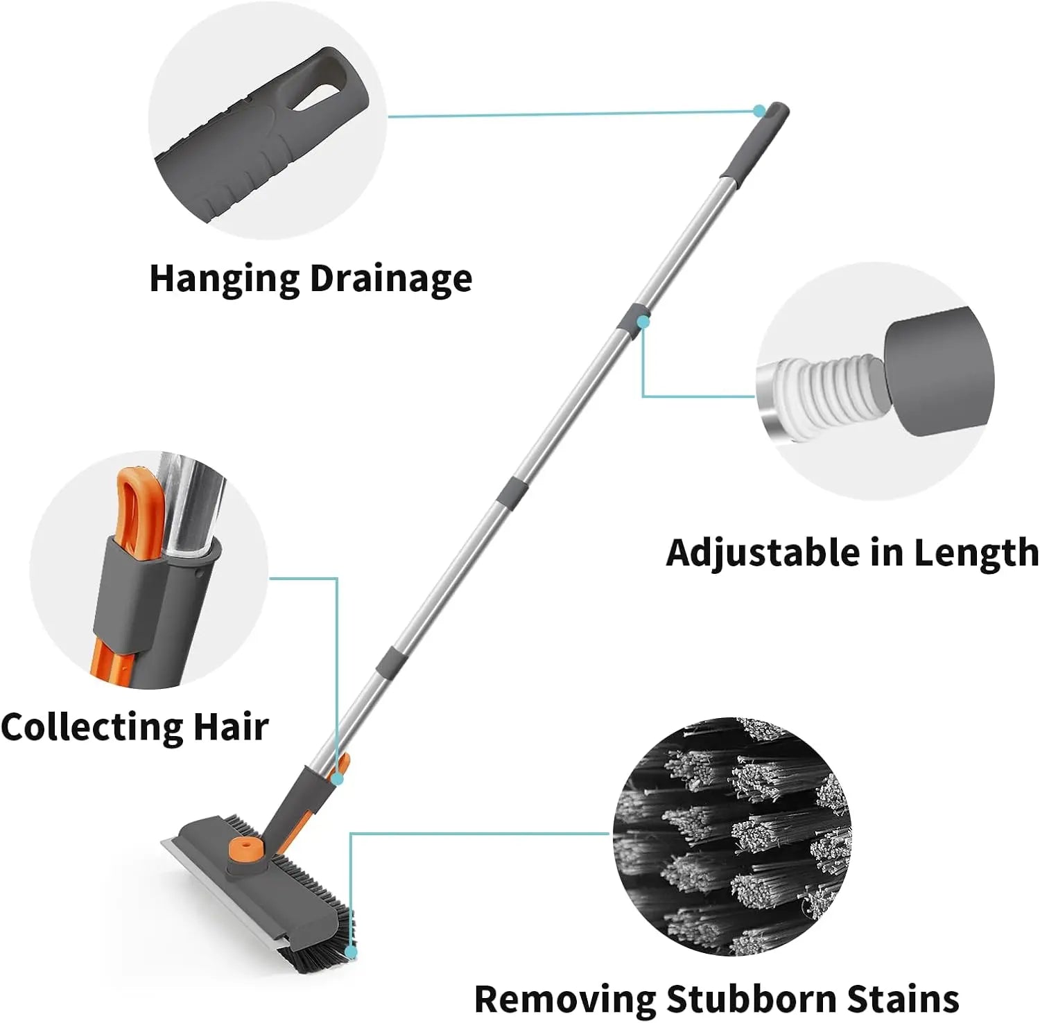 AIR U 3-In-1 Floor Scrub Bathtub Brush with Long Handle, Double-Sided, Heavy-Duty Stiff Bristles & Squeegee – Scrape & Scrub for Shower, Bathroom, Patio, Garage, Kitchen, Wall & Deck – Home Cleaning Essentials