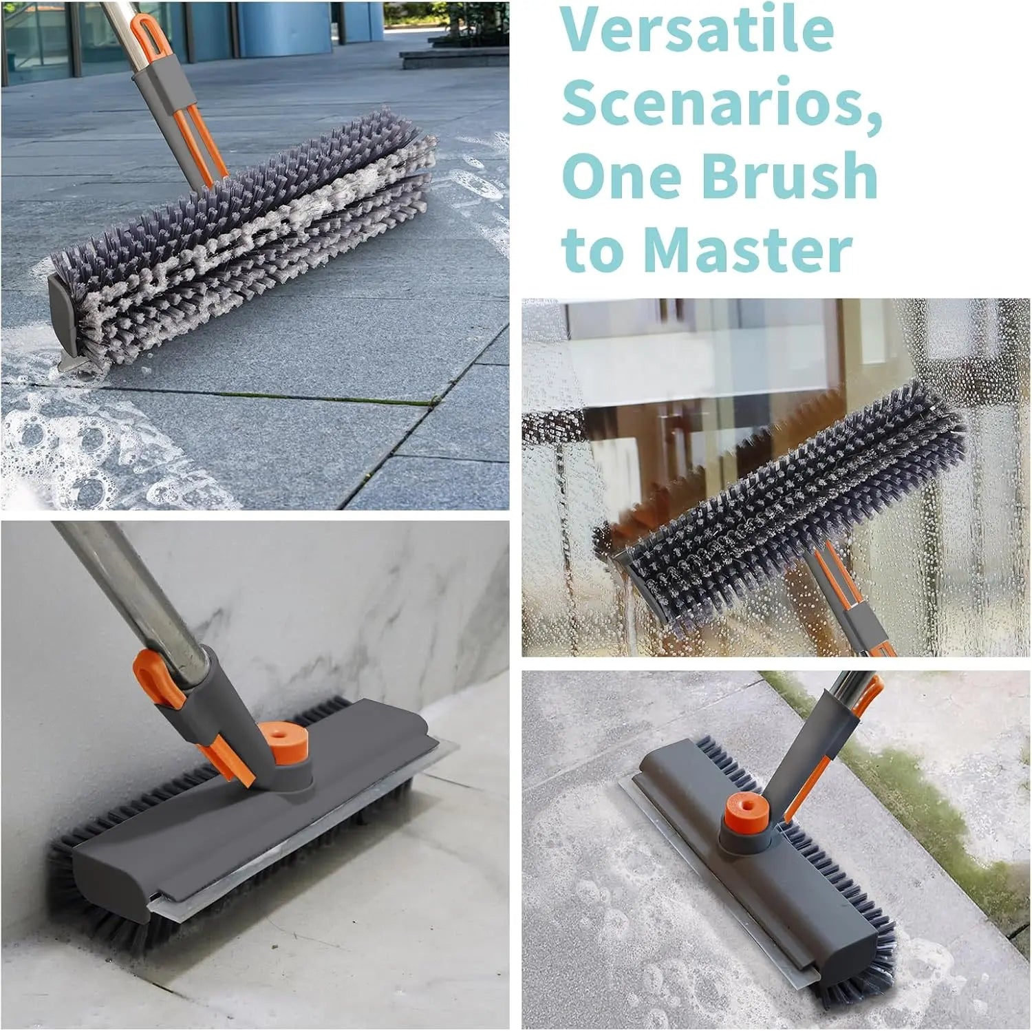 AIR U 3-In-1 Floor Scrub Bathtub Brush with Long Handle, Double-Sided, Heavy-Duty Stiff Bristles & Squeegee – Scrape & Scrub for Shower, Bathroom, Patio, Garage, Kitchen, Wall & Deck – Home Cleaning Essentials