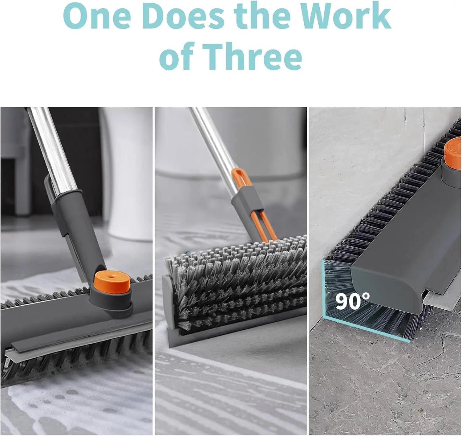 AIR U 3-In-1 Floor Scrub Bathtub Brush with Long Handle, Double-Sided, Heavy-Duty Stiff Bristles & Squeegee – Scrape & Scrub for Shower, Bathroom, Patio, Garage, Kitchen, Wall & Deck – Home Cleaning Essentials