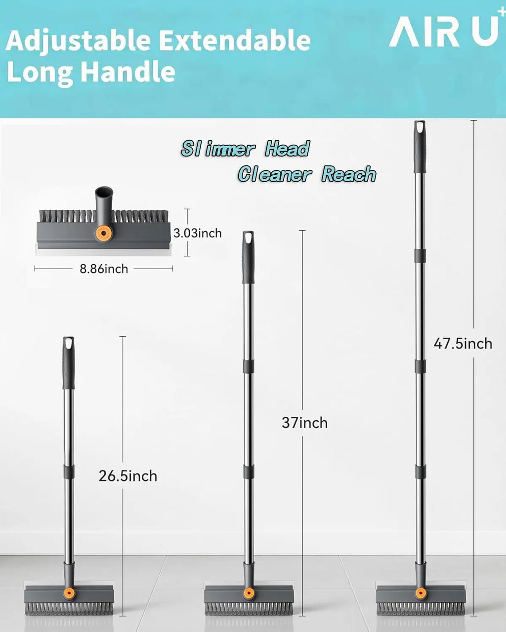 AIR U 3-In-1 Floor Scrub Bathtub Brush with Long Handle, Double-Sided, Heavy-Duty Stiff Bristles & Squeegee – Scrape & Scrub for Shower, Bathroom, Patio, Garage, Kitchen, Wall & Deck – Home Cleaning Essentials