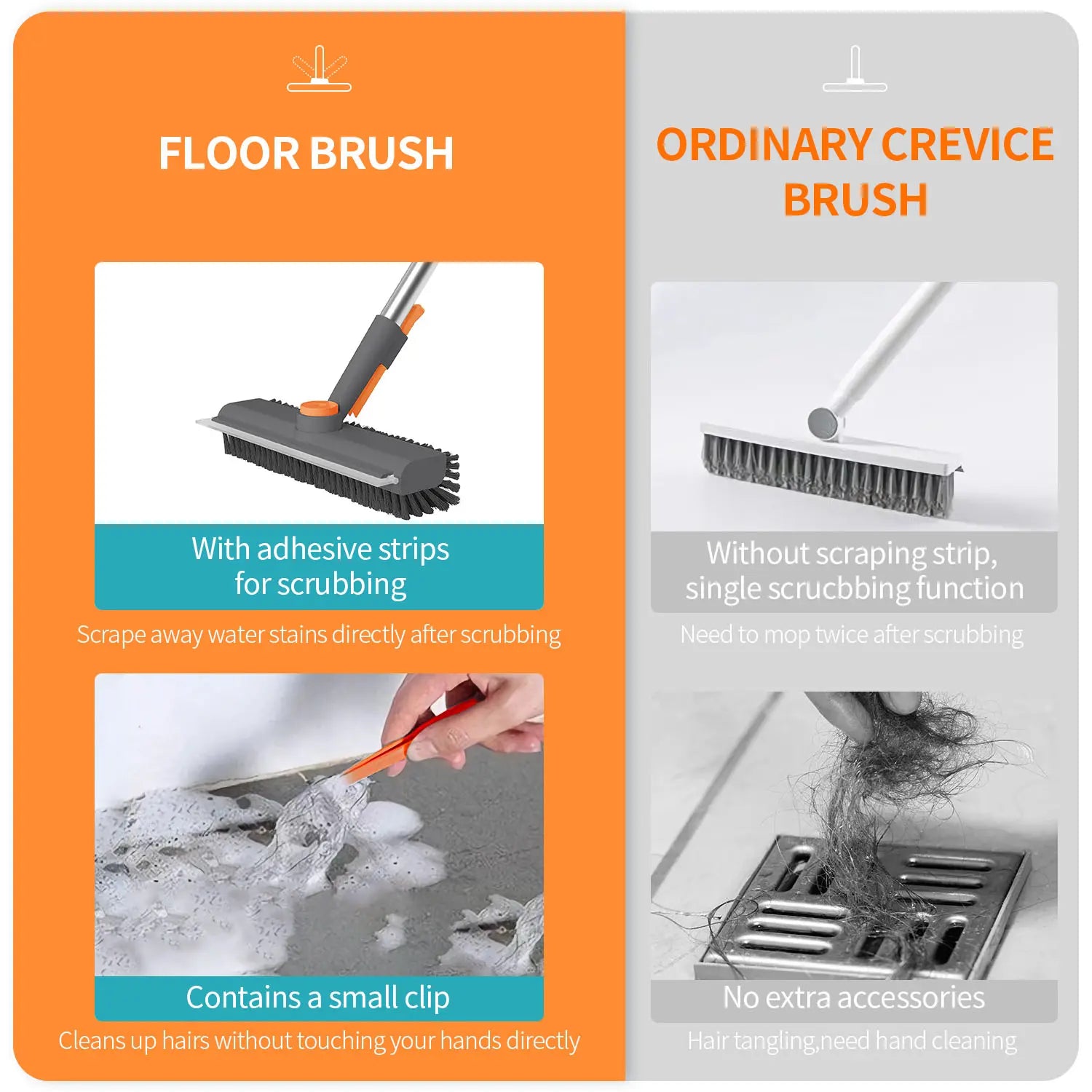 AIR U 3-In-1 Floor Scrub Bathtub Brush with Long Handle, Double-Sided, Heavy-Duty Stiff Bristles & Squeegee – Scrape & Scrub for Shower, Bathroom, Patio, Garage, Kitchen, Wall & Deck – Home Cleaning Essentials